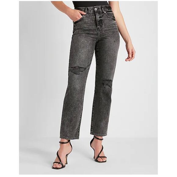 Express Denim - Express Jeans Women's 2 High Rise Straight Ankle Black Vintage Wash Cut Out